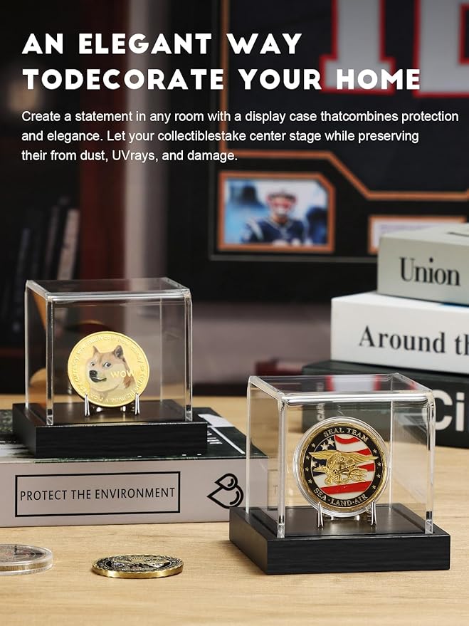 JupDec Coin Display Case, Clear Acrylic Showcase with Wood Base & Alloy Holder for Single Challenge Coin, UV Protection Souvenirs and Collectibles Box, Ideal Gift for Coin Fans, Black