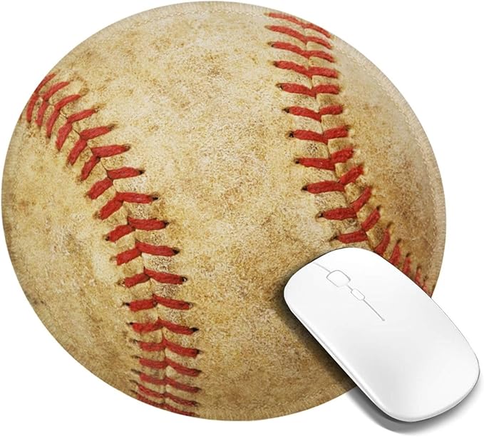 Vintage Worn Baseball Ball Round Mouse Pad, Small Gaming Mousepad with Stitched Edge, Non-Slip Rubber Base Mouse Mat Office Desk Accessories for Laptop Computer Decor 7.9 X 7.9 Inch