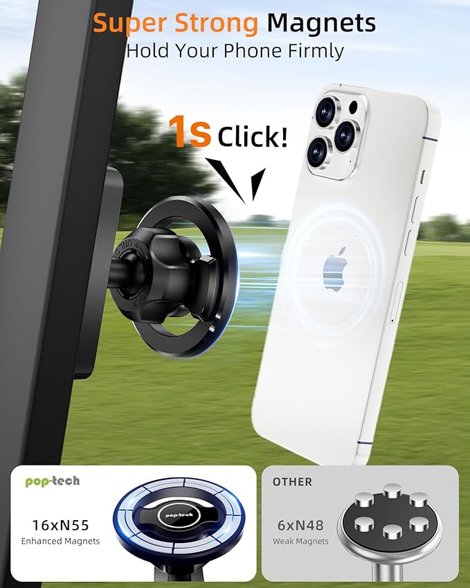 pop-tech Magnetic Golf Cart Phone Holder for MagSafe iPhone 17 Pro Max 16 15 14 13 12 Fits EZGO, Club Car, Yamaha, Icon, Golf Cart Accessories Essential Gift for Men Women Dad