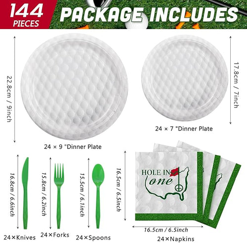 144 Pcs 3D Golf Ball Party Supplies Paper Ball Plates and Napkins Dinnerware Set Tableware Supplies Includes Paper Plates Napkins Forks Serve 24 for Birthday Sports Party decorations