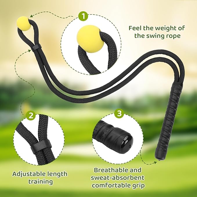 Golf Rope Swing Training Kit - Golf swing training aid, improves golfer's swing and main rhythm, golf gift for men's golfers, includes swing correction armband and rope trainer with weighted balls.