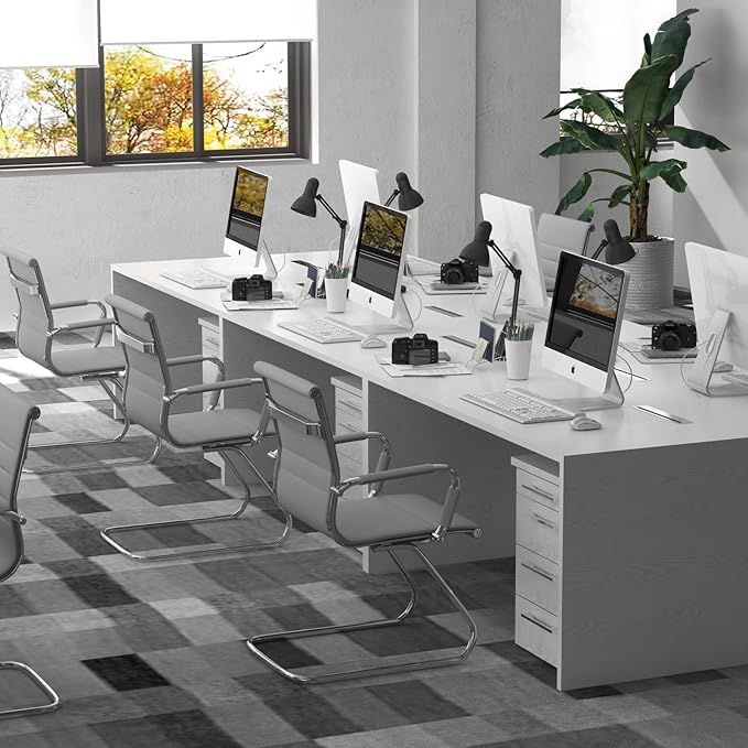 CIMOTA Waiting Room Chairs Leather Office Guest Chair Mid Back Reception Chairs with Sled Base for Meeting/Patient/Conference Room, Grey Set of 8