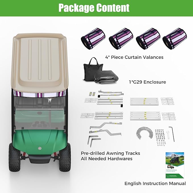 10L0L 3-Sided Track Style Golf Cart Enclosure fit 2 Passenger Yamaha G29 Drive,Waterproof 600D Oxford Cloth Yamaha Rain Cover with Aluminum Pre-Drilled Track,Clear PVC Windshield-Striped Valance
