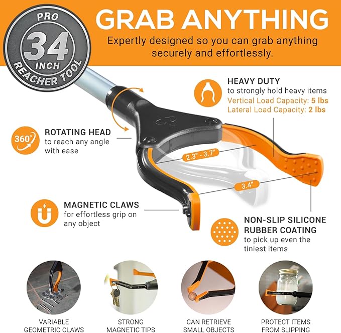 EZPIK Pro 34" Grabber Reacher Tool for Seniors - Grabbers for Elderly Reaching Tool Heavy Duty Pickup Trash Picker Upper Equipment - Claw Grabber Stick for Reaching Aids, Weed Gripper 6-Pack