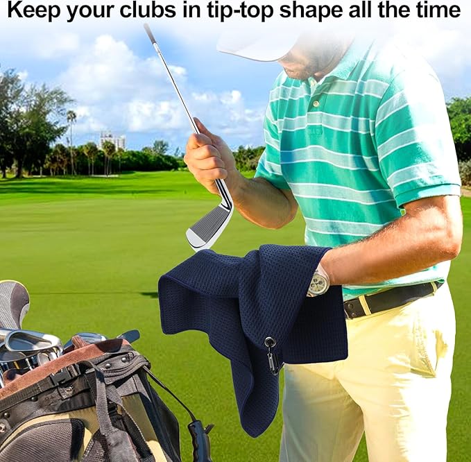 3 Pack 16" X 16" Golf Towels for Golf Bags, Premium Waffle-Pattern Golf Towel with Carabiner Clip, Super Absorbent Microfiber Towel, Golf Accessories for Men, Black-Blue-Gray Colors