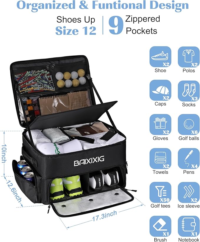 Golf Trunk Organizer, Waterproof Car Golf Locker with Separate Ventilated Compartment for 2 Pair Shoes, Golf Storage for Balls, Tees, Cap, Clothes, Gloves, Accessories, Gifts for Men, Women