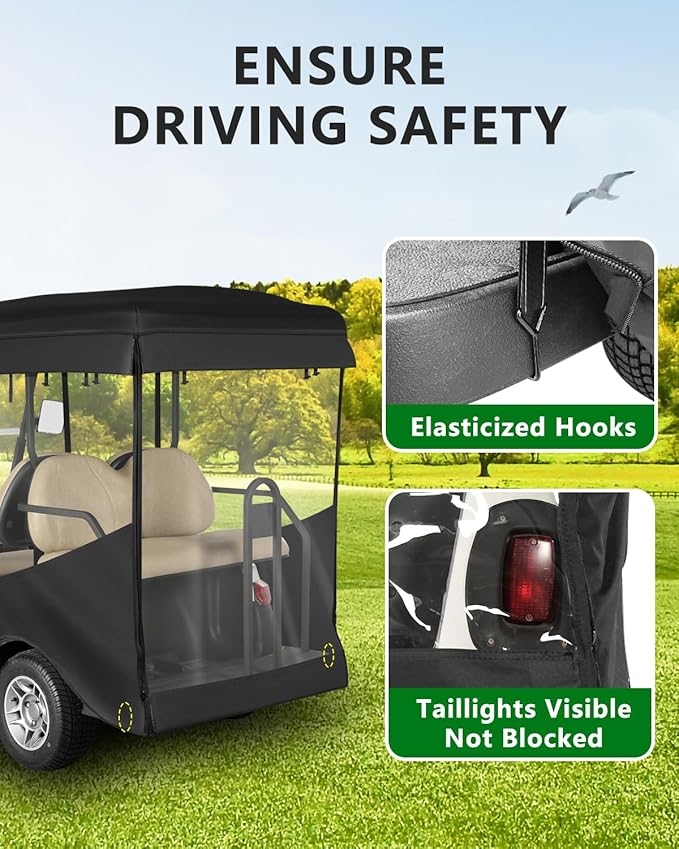 Golf Cart Enclosure 4 Passenger Extended Roof 88 inch for Club Car Tempo Onward,600D Clear Rain Cover Driving Enclosures,Full Roll Up 4 Sided Transparent Windows&Door Side Mirrors Openings