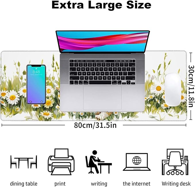 Corgi Daisy Gaming Mouse Pad, Office Desk Mat, Anti-Slip Rubber Base Cool Aesthetic Mouse Pads for Computer Laptop Keyboard School Home Desktop Gamer Home Accessories Decor 31.5" x 11.8"