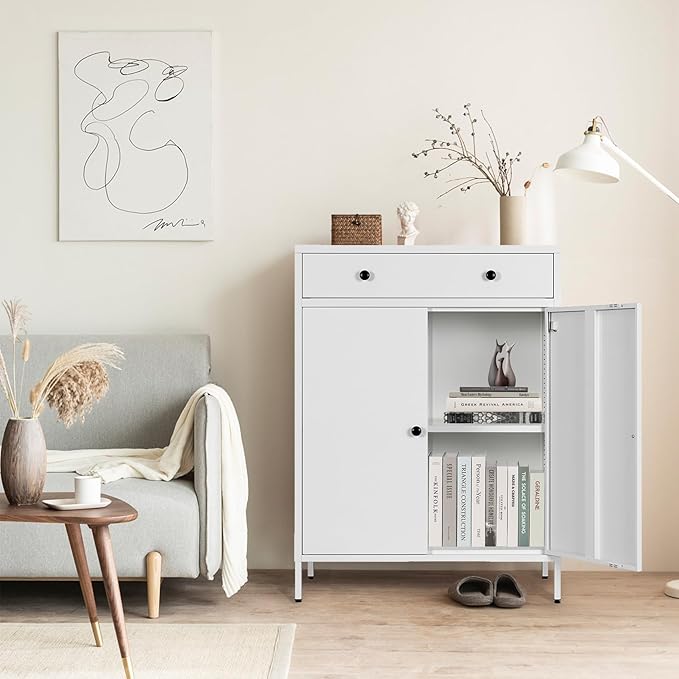 BESFUR Metal Storage Cabinet 35" H,Metal Cabinet with Drawer and Adjustable Shelf for Home Office, Garage,Classroom, Apartment, Warehouse, Utility Room White
