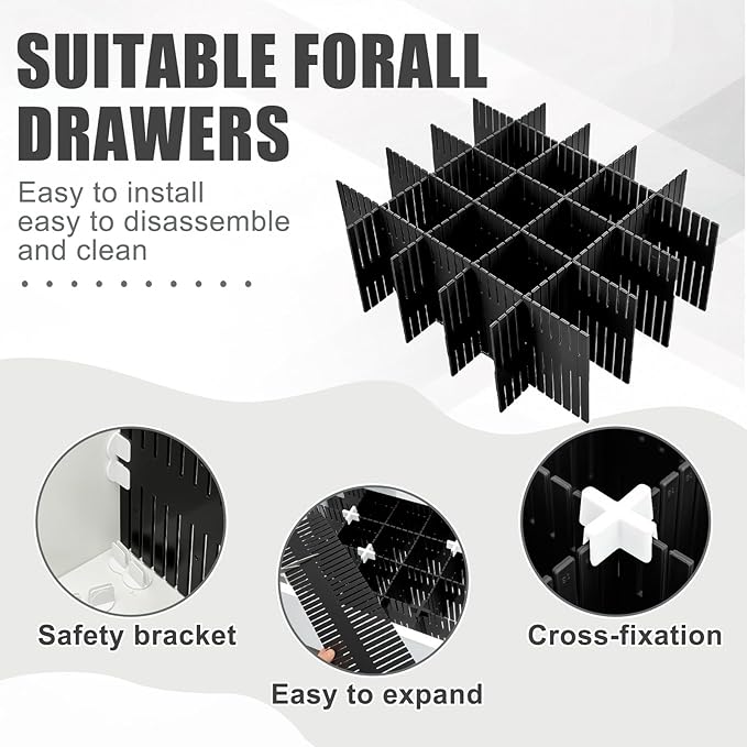 Blosssound 15pcs 5.12x 15 Tall Drawer Divider Adjustable Drawer Organizer DIY Ultra Deep Storage Organizer Separator with Fixed Buckle for Underwear Socks Dormitory Office Kitchen Bedroom(Black)