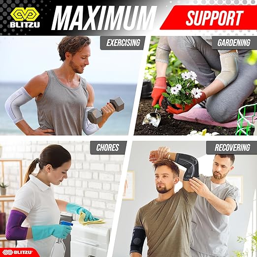 BLITZU Elbow Compression Sleeve for Tendonitis 2 Pack, Tennis Elbow Brace Support for Men and Women Golfers Elbow Pain Relief, Arthritis, Bursitis, Arm Brace for Workout, Weightlifting White S