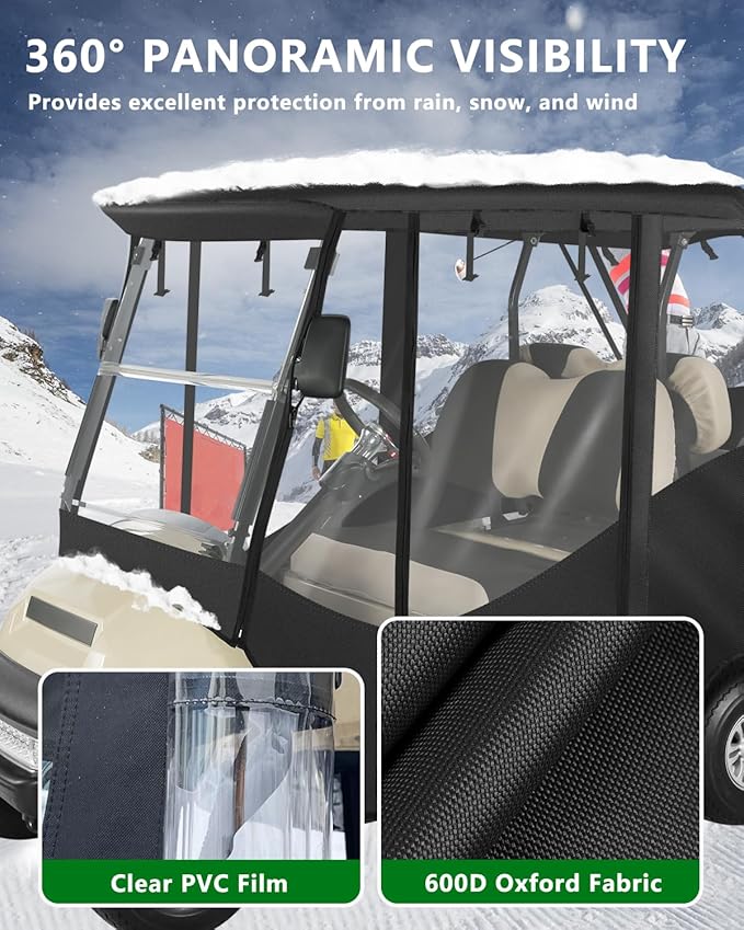 Golf Cart Enclosure 4 Passenger Short Roof 58” for Club Car Precedent Tempo 2+2 Seater,600D Clear Rain Cover Driving Enclosure,Roll Up 4 Sided Transparent Windows&Door,Side Mirrors Zipper Openings