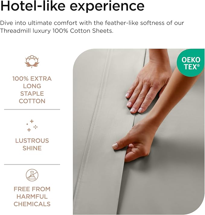 Threadmill Luxury 800 Thread Count 100% Cotton Sheets - Sateen Weave Twin XL Bed-Sheets, Better Than Egyptian Cotton,3 Pc Solid Bedding Set (Moonrock Grey), Fits 15" Deep Pocket