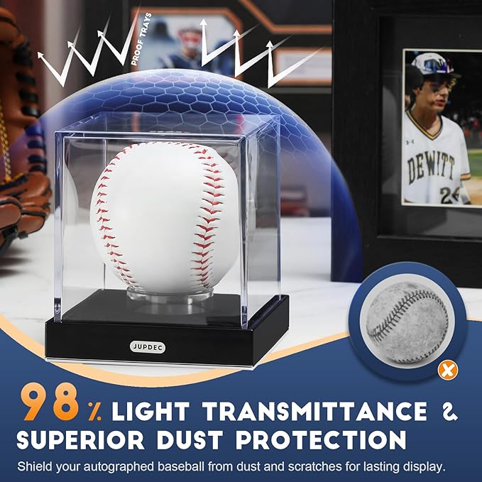 JupDec Baseball Display Case, Clear Acrylic Cube Baseball Holder with Durable Base, UV Protected Autograph Stand Box for Single Ball, Ideal Gift for Collector & Sports Enthusiast, Silvery, 1 Pack