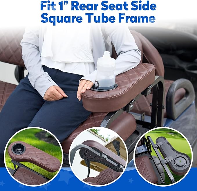 NOKINS Golf Cart Seat Covers for Club Car Precedent, Vinyl Front&Rear Seat Cover with Flip-Up Armrests kit, with Cup Holder, for 1" Square Tube(Brown&Brown 8438)