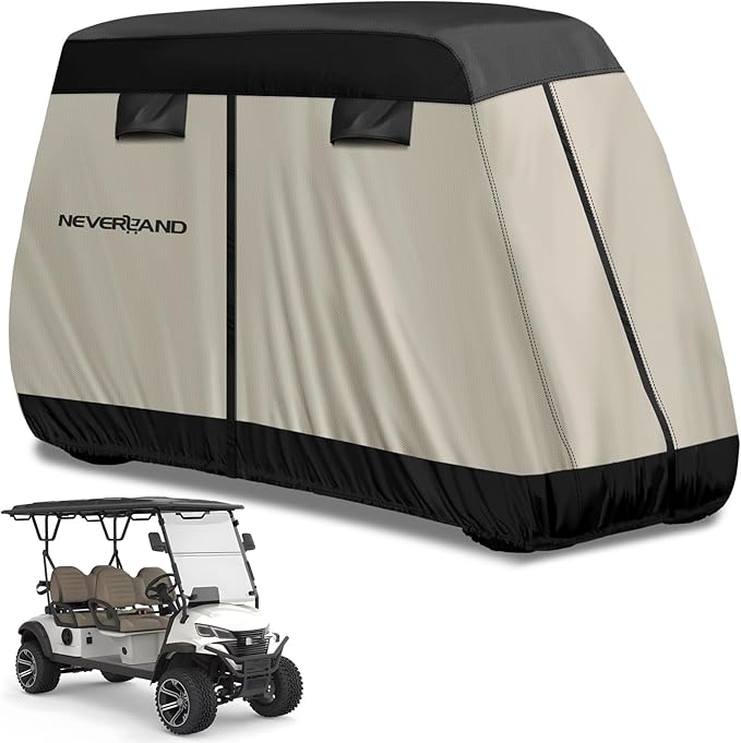NEVERLAND Golf Cart Cover 4 Passenger - Outdoor Waterprood Golf Cart Covers, 420D Club Car Golf Cart Covers With Air Vent&Zipper Compatible with EZGO Yamaha Club Car 4 Seat (Up to 112 Inch)Black+Brown
