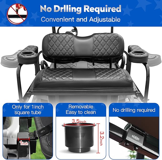 NOKINS Golf Cart Seat Covers for Club Car Precedent, Vinyl Front&Rear Seat Cover with Flip-Up Armrests kit, with Cup Holder, for 1" Square Tube (Black&Black Stitching)