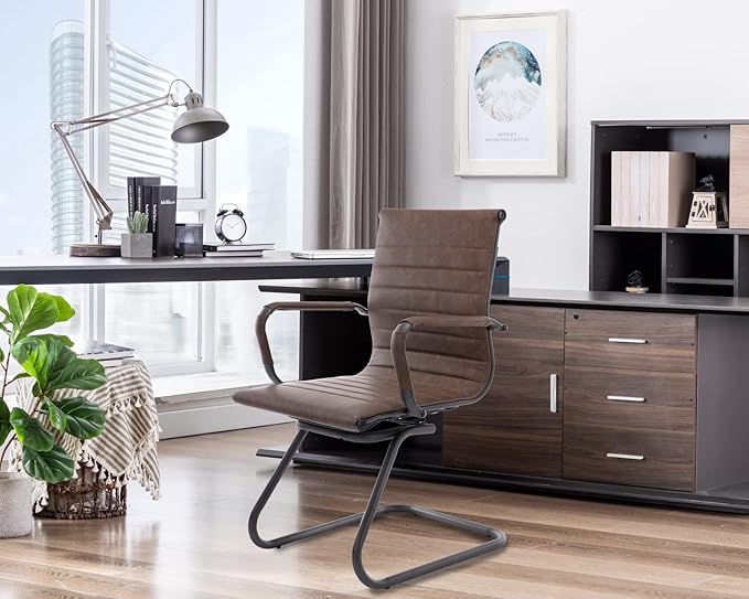 CIMOTA Waiting Room Chairs Set of 6 Leather Office Guest Chair Mid Back Reception Chairs with Sled Base for Meeting/Patient/Conference Room, Retro Brown, 6PCS