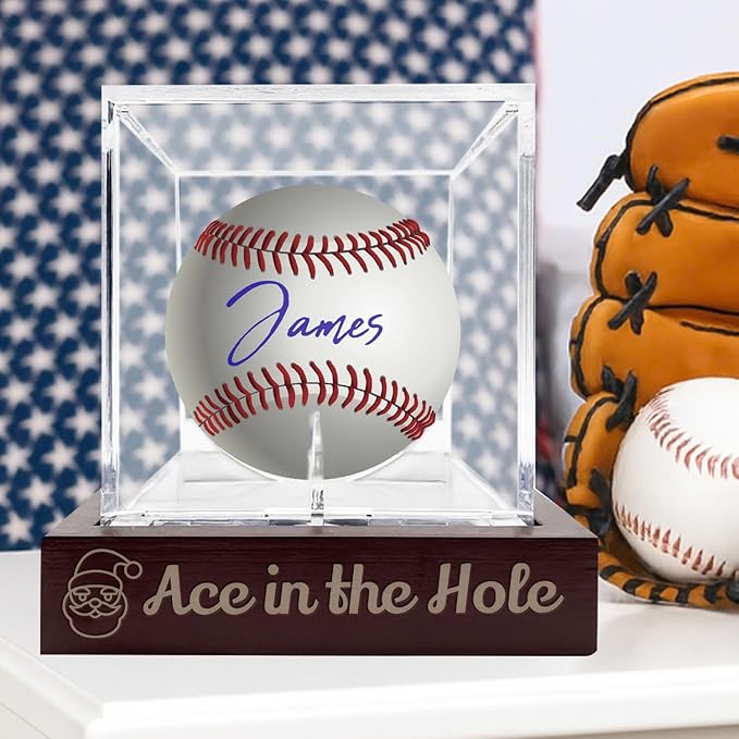 Personalized Engraved Baseball Display Case with Unique Pattern- Custom Wooden Individual Baseball Holder Box with UV Protected Clear Acrylic Cube, Wood Memorabilia Display Protecter for Collector Fan