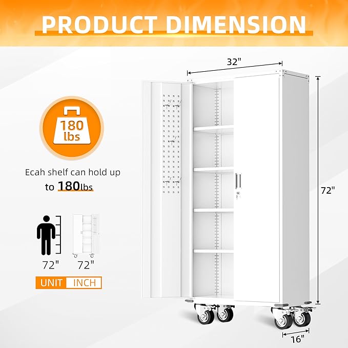 INTERGREAT Rolling Metal Cabinet with Wheels,72" Locking Storage Cabinet with Adjustable Shelves,Large Capacity Pulley Cabinets for Home Office,School,Garage(White)