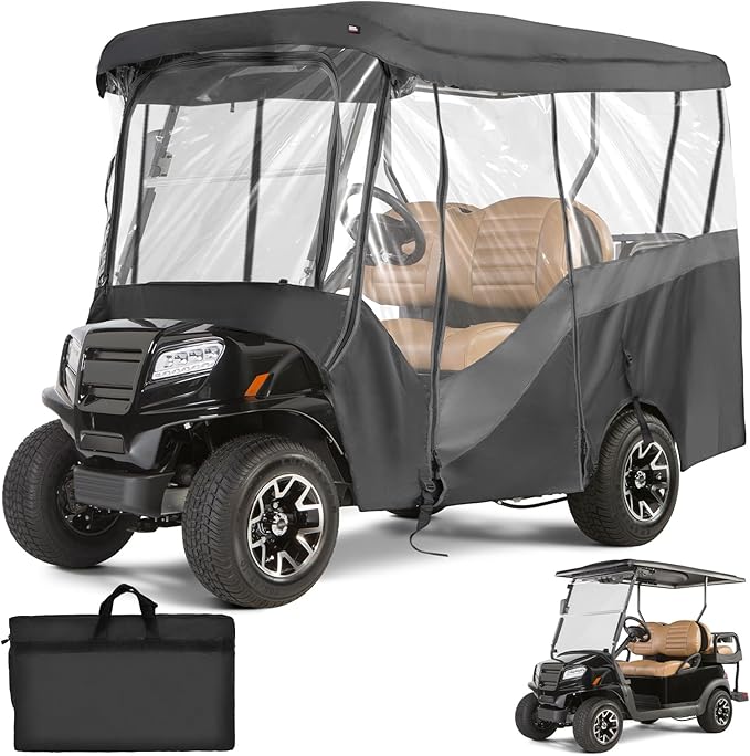 KEMIMOTO Golf Cart Enclosure, 4&6 Passenger Golf Cart Rain Cover, 600D Waterproof Driving Enclosure with Clear PVC Windshield for Extended Roof Cart