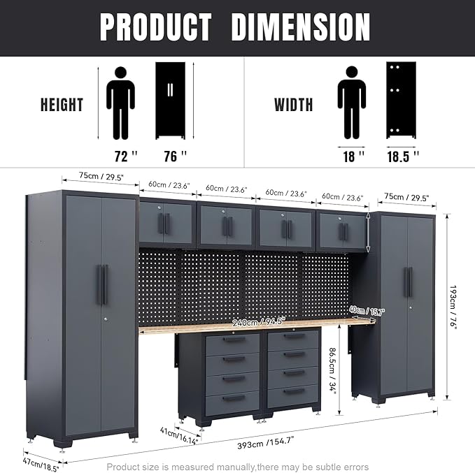 Garage Storage Cabinet System - 2×7-Pc Workshop Set w/Steel Cabinets & Workbench Includes Drawers & Pegboard | Heavy-Duty Tool Organization System for Garage/Workshop Storage