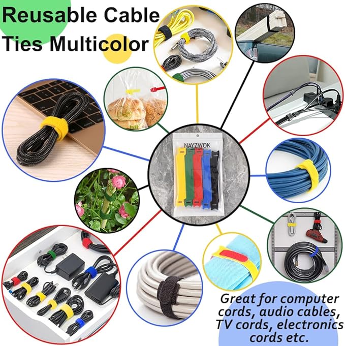 100pcs Cable Ties Reusable Rainbow Color Wire Ties Cable Management Cord Ties Reusable for Electronics Hook and Loop Cable Ties for Computer 6 Inch with 5 Colors