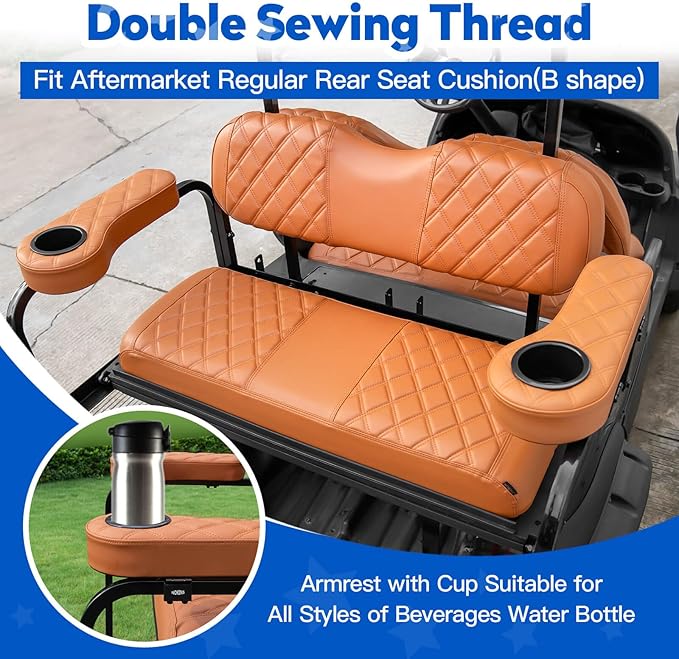NOKINS Golf Cart Seat Covers for Club Car DS 2000.5-Up, Vinyl Front&Rear Seat Cover with Flip-Up Armrests kit, with Cup Holder, for 1" Square Tube (All Brown)