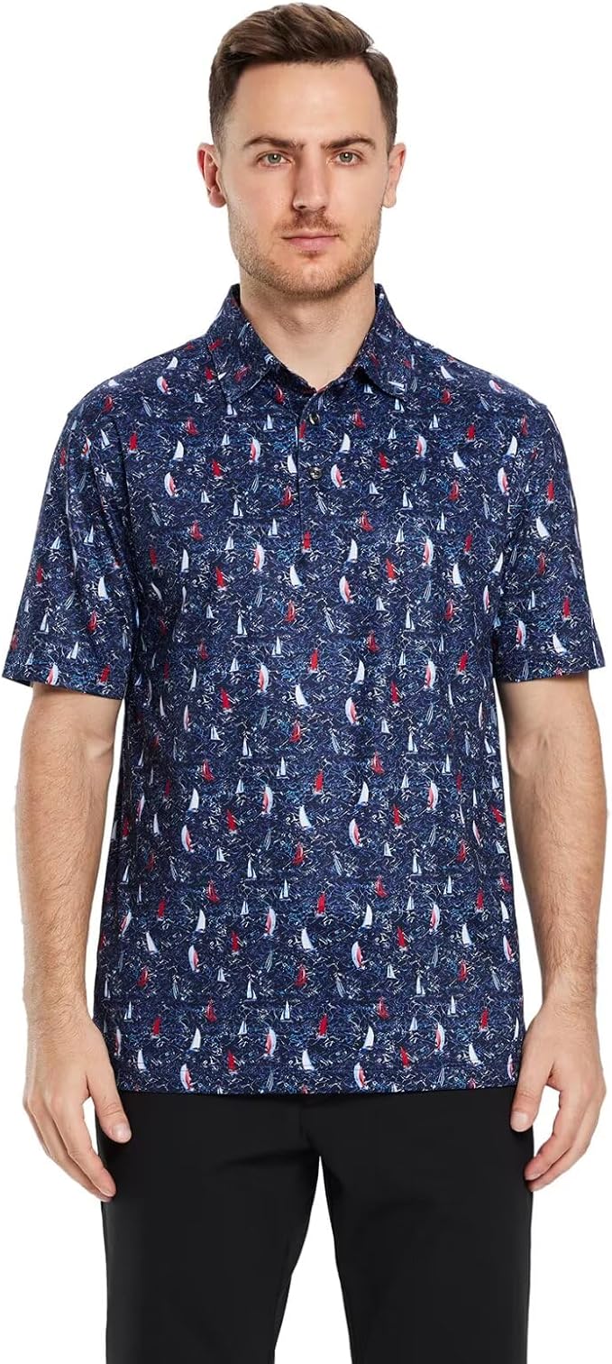 Golf Shirts for Men Dry Fit Short Sleeve Print Performance Moisture Wicking Polo Shirt