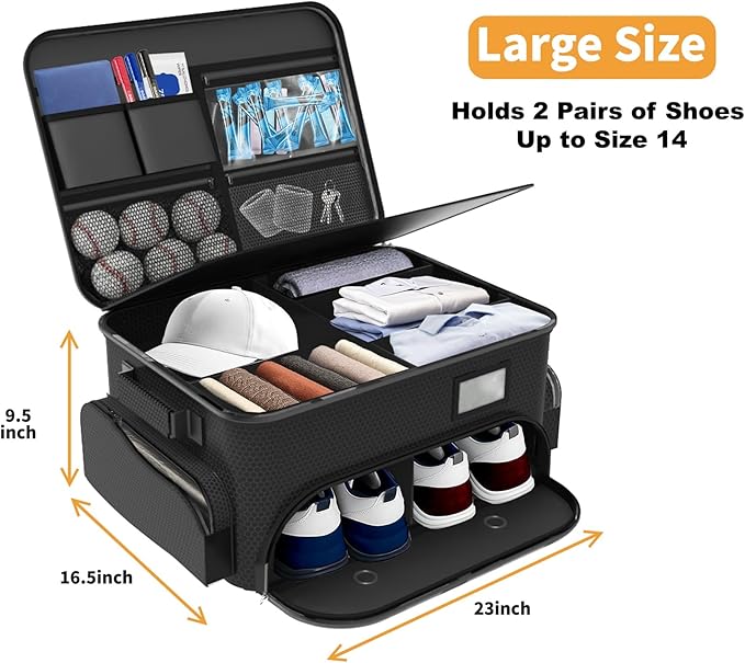 WALMANN Golf Trunk Organizer – Large 2-Layer Storage Bag with Ventilated Shoe Compartments for 2 Pairs, Waterproof Foldable Golf Gear Organizer