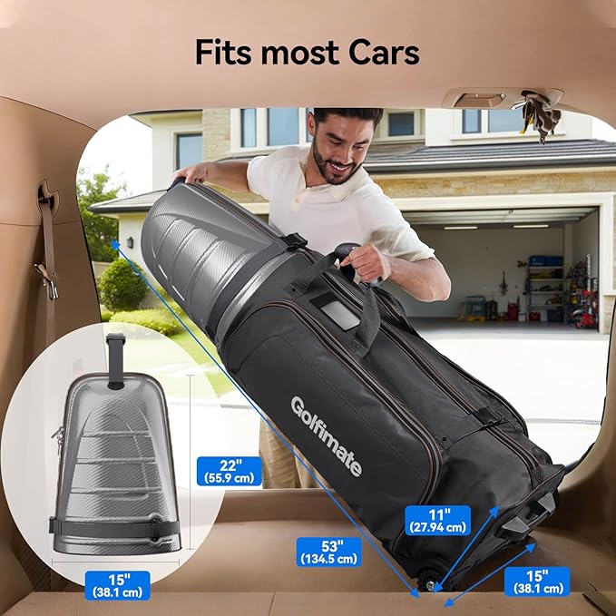 Golf Travel Bag for Airlines with Carbon Fiber Look Hard Top, Protective Club Traveling Cover with Wheel, Golf Club Carrier Case for Airplanes, Thick Padding, Durable Zippers, 2 Spacious Side Pockets
