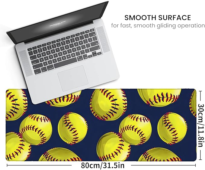 Softball Large Gaming Mouse Pad,Yellow Ball Desk Mat,31.5x11.8x0.12in Extended Non-Slip Rubber Sport Mousepad,Computer Deskmat Gifts,Laptop Mice Pads Decor for Home Office