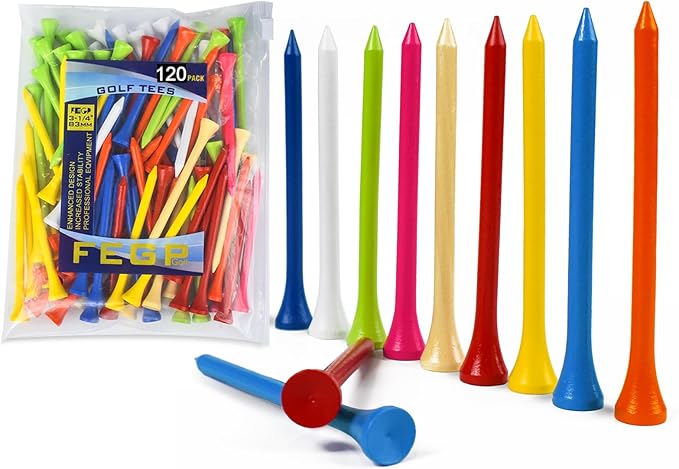Golf Tees Professional Durable Natrual Wooden Golf Tees 3-1/4" -Pack of 120 Bulk, Multiple Colors Mix of Colours,Biodegradable Wood Golf Tees,Reduce Friction Side Spin More Stable 3-1/4 inch