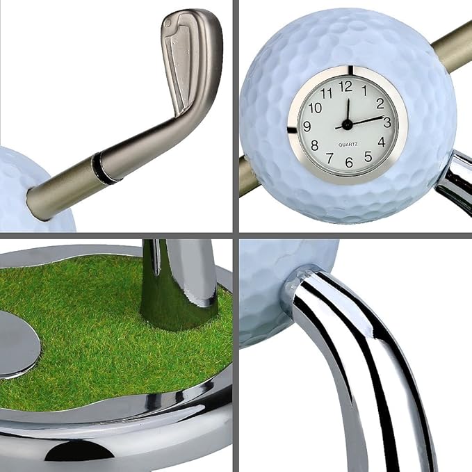 10L0L Golf Pen Holder with Clock Unique Gifts for Men, Mini Desktop Holder, Compatible with Enthusiasts Funny Business Gifts Includes Pen Set of 2 Office Desk Accessories- White