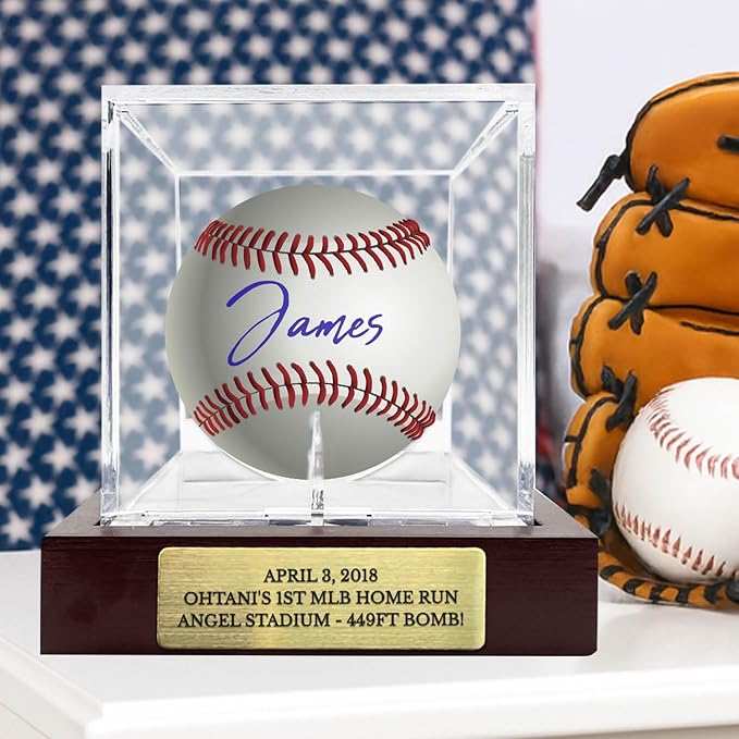 Custom Engraved Baseball Display Case - Personalized UV Protected Clear Acrylic Cube on Wooden Base with Metal Plate for Signed Baseballs and Memorabilia,Unique Gift for Baseball Collectors & Fans