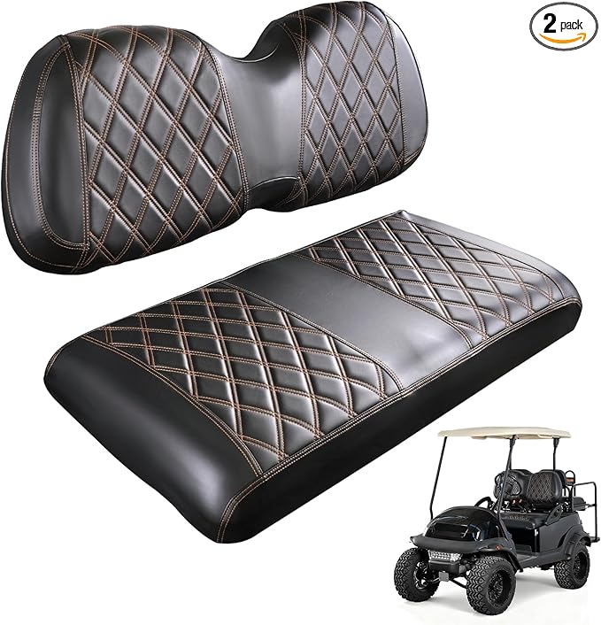 Golf Cart Diamond Seat Covers Kit Suitable for Club Car Precedent Standard Front Seat Cushion, Club Car Front Seat Covers Kit No Drilling & Waterproof (Black PVC Leather & Brown Stitching)
