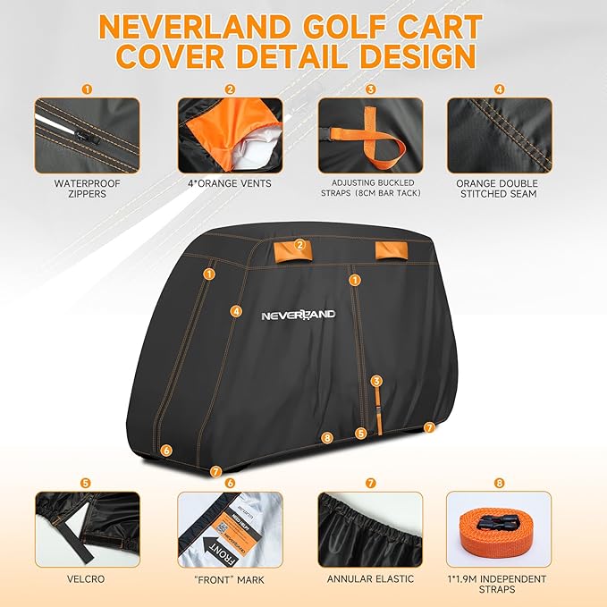 NEVERLAND Golf Cart Cover 2 Passenger, Heavy Duty 420D Golf Cart Covers, Waterproof Club Car Golf Cart Cover with Zipper Doors Compatible with EZGO Yamaha Club Car 2 Seat (Up to 95 Inch)
