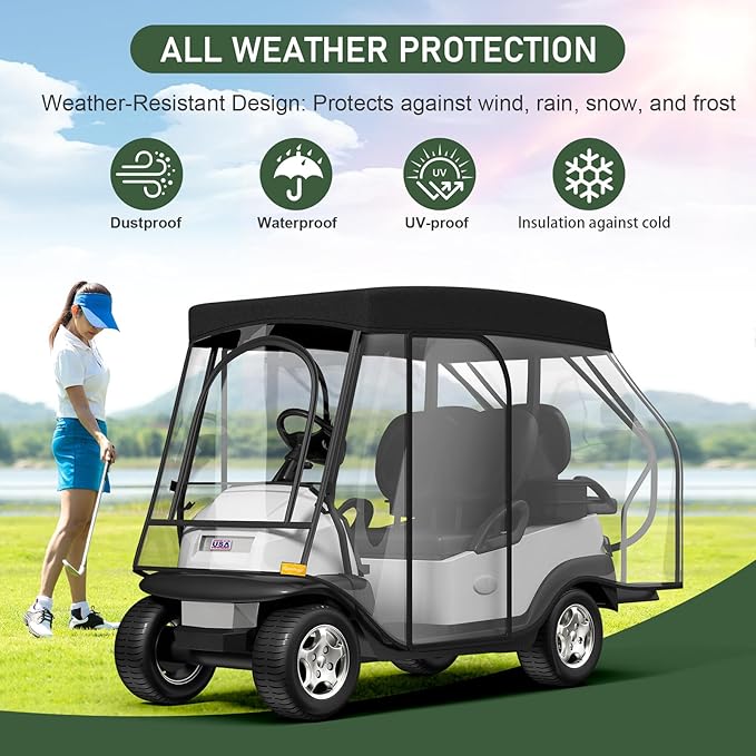 Rosefray Golf Cart Enclosure - 2+2 Drivable Rain Cover for Short Roof 58" EZGO, Club Car - Durable Door Zipper, 4-Sided Clear Windows (4 Seater)