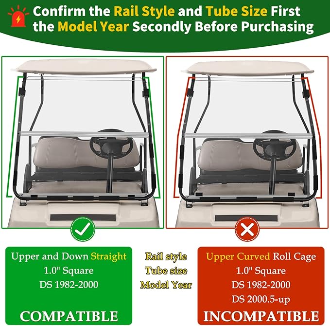 Golf Cart Foldable Windshield 3/16" (5MM) Only Fits 1982-2000 Club Car DS 1"×1" Struts Upper and Down Straight Rail, Folding Acrylic Replacement - Clear (Not Fit Top Tapered Rail Style)