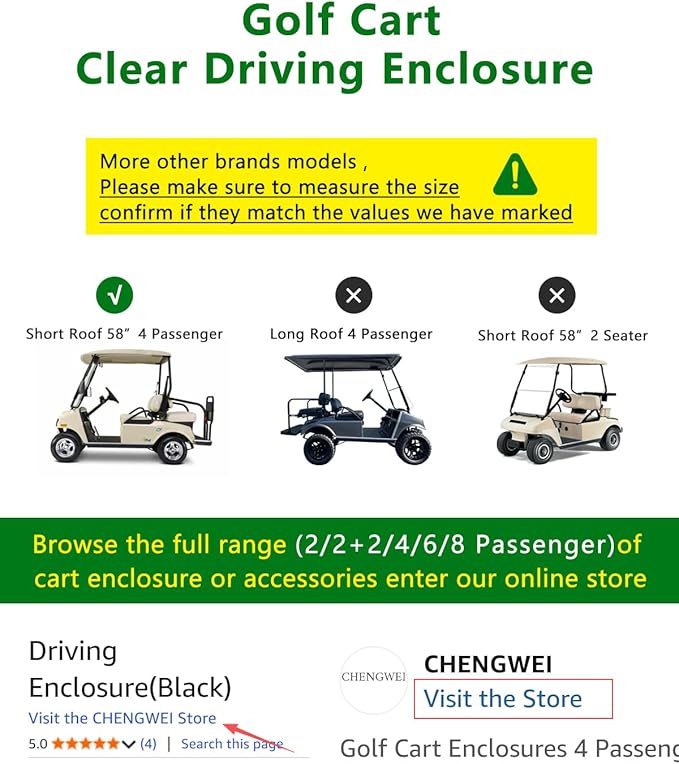 Golf Cart Enclosures 4 Passenger Short Roof 58 inch for Club Car DS 2+2 Seater,600D Clear Rain Cover Driving Enclosure,Roll Up 4 Sided Transparent Windows&Door Heavy Duty Zipper,Side Mirrors Openings