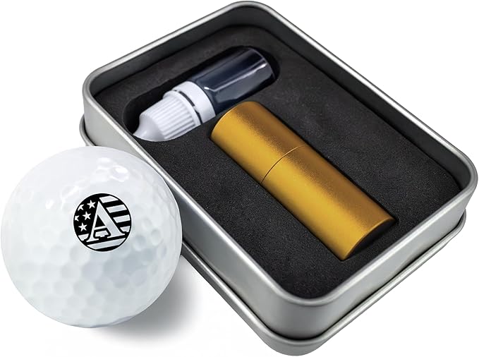 Personalized Golf Ball Marker Stamp with TiteSeal™ Technology Bundle - Metallic Box with Golf Ball Stamp + Refill Ink Bottle - Gold Case