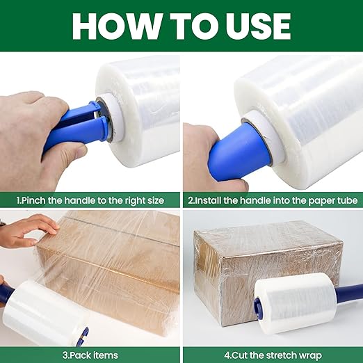 Adhes Recyclable Stretch Wrap Film 5 Inch x 1000 Feet, 4 Rolls with Handle, Heavy Duty Plastic Pallet Wrap for Moving, Packing, Shipping, Eco-Friendly, Tear Resistant, Self Adhering Clear Film
