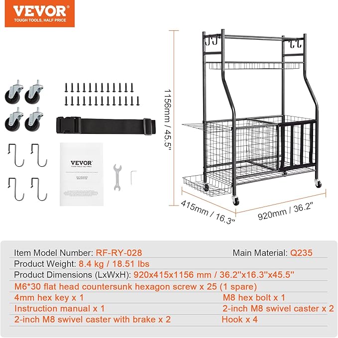 VEVOR Golf Bag Organizer, Golf Bag Storage Rack Stand Holder, Sports Equipment Storage Rack, Golf Storage Organizer for Garage, Sports Gear, Toys Storage Rack Hooks