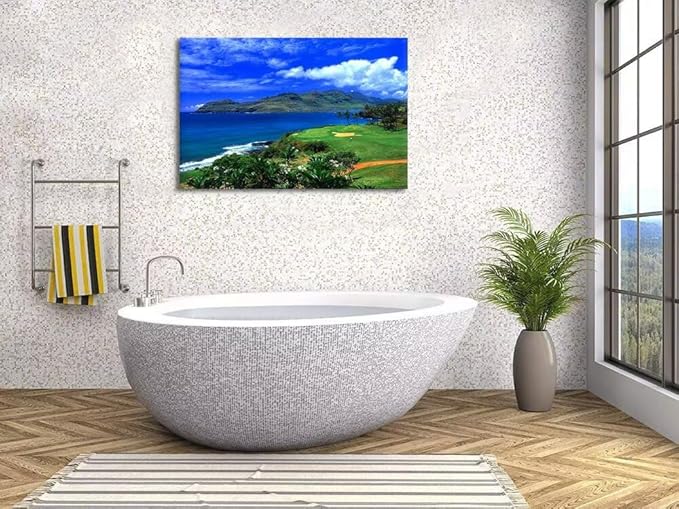 chenchenArt Lagoons Golf Course Wall Art for Living Room Bedroom Bathroom Home Decoration Hawaii Ocean Golf Course Picture Poster Canvas Prints Modern Artwork Framed Ready to Hang(24''H x 36''W)