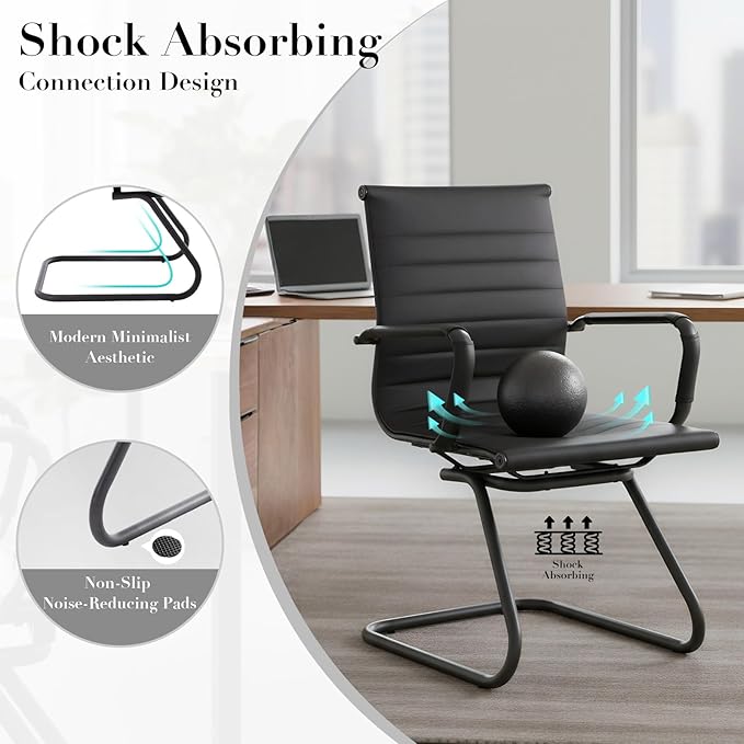 CIMOTA Waiting Room Chairs Leather Office Guest Chair Mid Back Reception Chairs with Sled Base for Meeting/Patient/Conference Room, Retro Black Set of 8