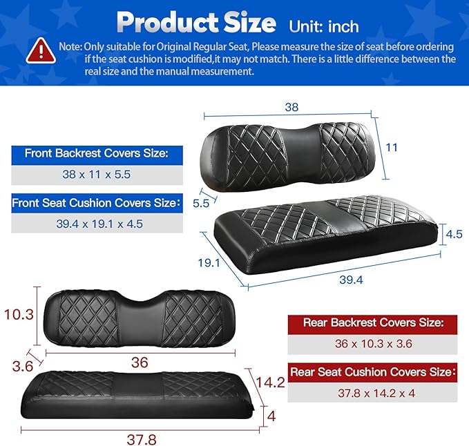 NOKINS Golf Cart Seat Covers for Club Car DS 2000.5-Up,Vinyl Front&Rear Seat Cover with Flip-Up Armrests kit,with Cup Holder, for 1" Square Tube(Black&Black Stitching)