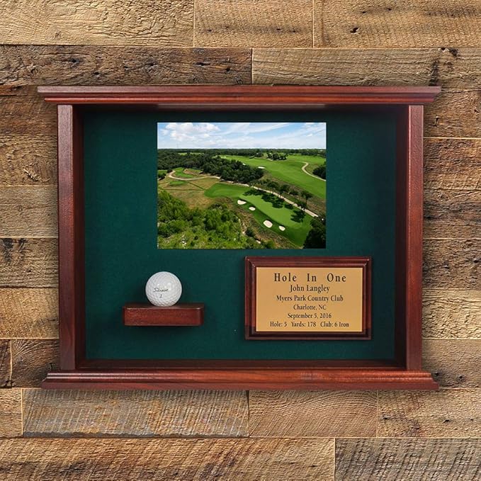 Hole-In-One Ball Golf Shadowbox Display for Ball & Scorecard or Photo~Includes Custom Engraved Plate~Cherry Finish