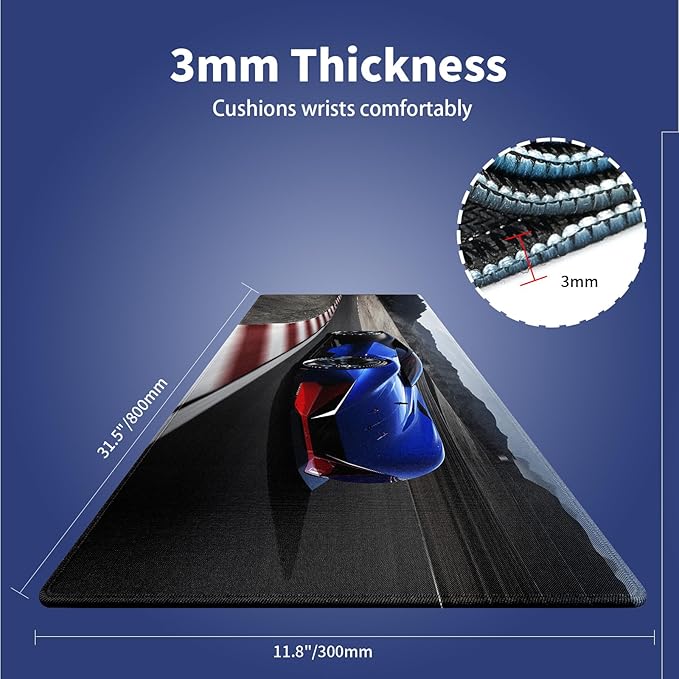 Wknoon. Extra Large Gaming & Office Mouse Pad (31.5" x 11.8") with Durable Stitched Edges – Navy Blue Fast Racing Car Furiously Running on The Race Track, Anti-Slip Rubber Base Extended XXL Desk Mat