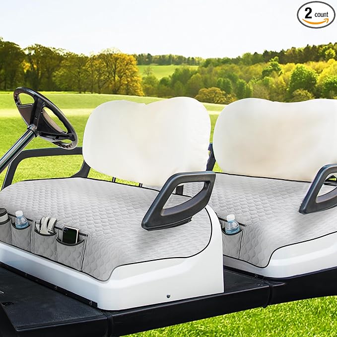 2 Pcs Grey Golf Cart Seat Covers, 51"x 31" Cool and Sweat Absorption Golf Cart Seat Towel Blanket with 4 Front Pockets & Nonskid Pocket and Nonskid Bottom for Home, Party