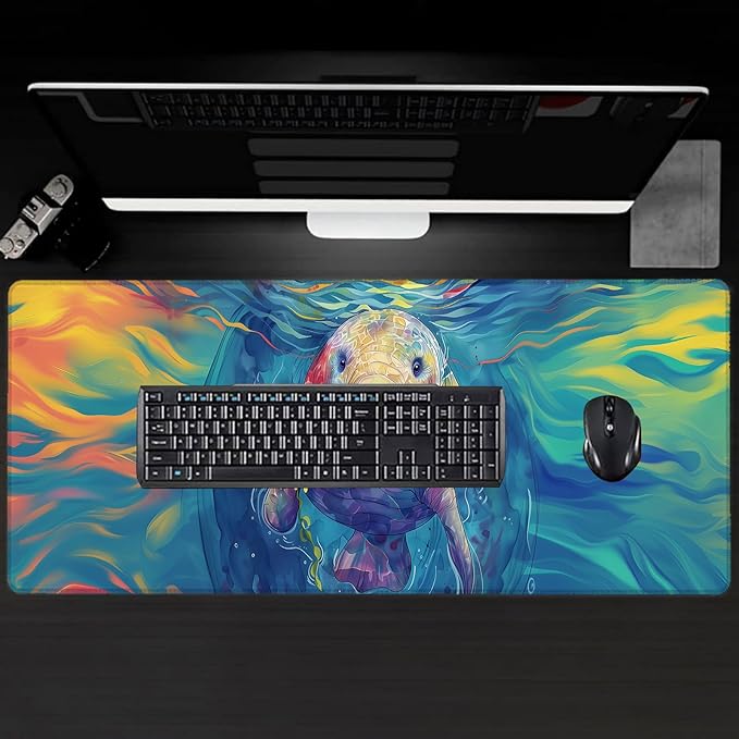 Colorful Manatee Large Gaming Desk Mat,Rubber Non-Slip Flower Ocean Mouse Pad,31.5x11.8x0.12in Extended Whimsical Marine Mousepad,Game Lover Mice Pads Gifts,Office Home Deskmat Decor